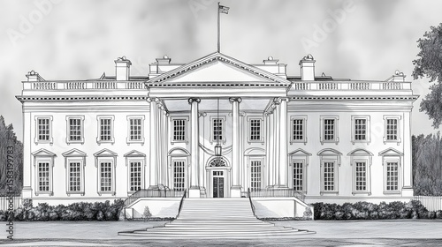 Detailed black and white drawing of the white house.