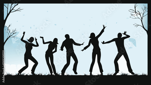 Silhouette of five people dancing with trees on the sides under a light blue sky background view
