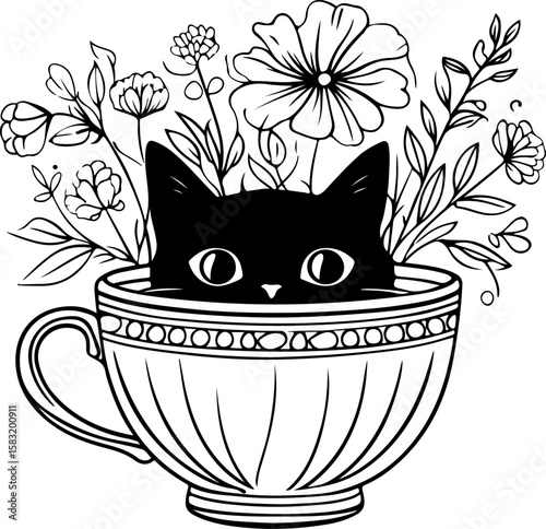 Black Cat in Teacup with Flowers and Leaves Cute Black and White Illustration