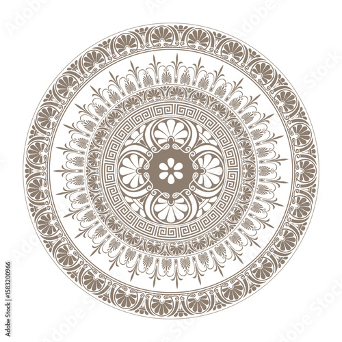 Round classic greek gold frame plate pattern. Greek meander. Circle european border. Round antique border. Patterns of Greece, ancient Rome. Circular pattern. Classic egyptian, assyrian, greek motives