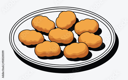 Crispy golden chicken nuggets served on a white plate with black rim and shadow