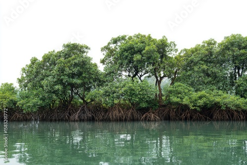 A line of dense green mangrove trees with aerial roots extending into calm slightly rippled water