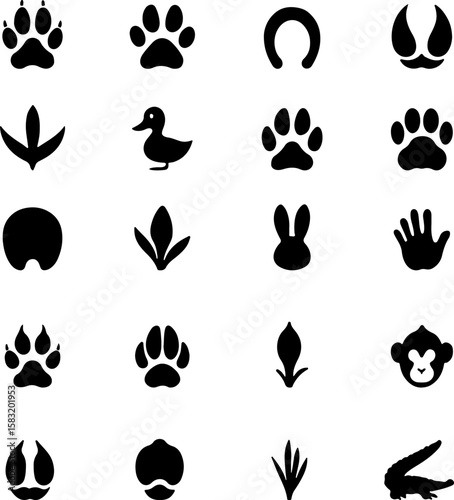 Collection of black animal paw prints and footprints including dog cat bird rabbit monkey alligator horseshoe and other wildlife tracks on a white background