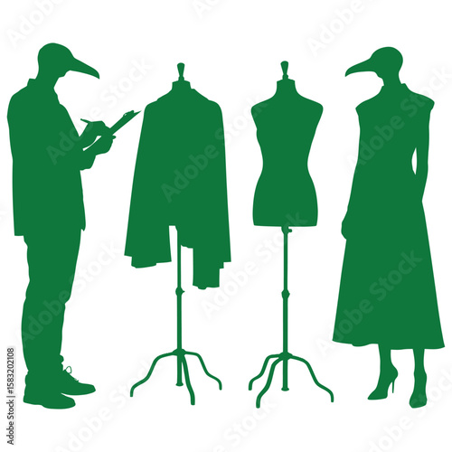 Vector illustration of a fashion women's clothing collection featuring silhouettes of people modeling dresses and shopping bags