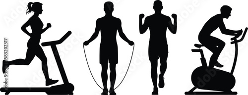 Silhouettes of people exercising on a treadmill jumping rope and riding an exercise bike