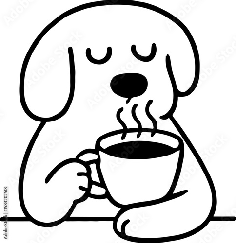 Cute Cartoon Dog Drinking Coffee – Relaxed Chill Vibe Illustration