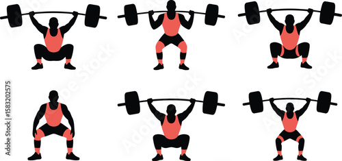 Silhouettes of weightlifters performing squats with barbells in a dynamic sequence