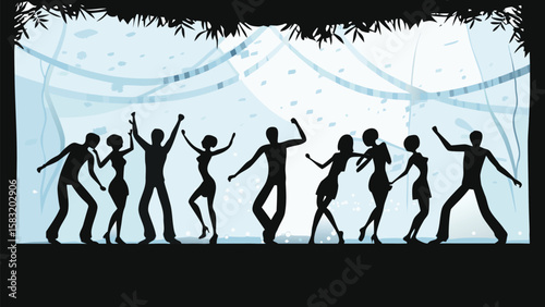 Silhouetted figures dancing under jungle vines in a night scene with a bright background light