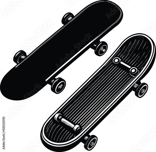 Two black skateboards viewed from above on a white background