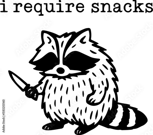 I Require Snacks Raccoon with Knife Funny Meme Cartoon Illustration

