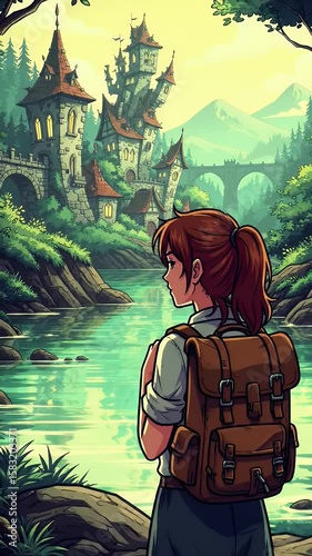 Auburn Haired Anime Style Woman Overlooking Pixelated River Castle and Verdant Landscape with Pale Yellow Sky