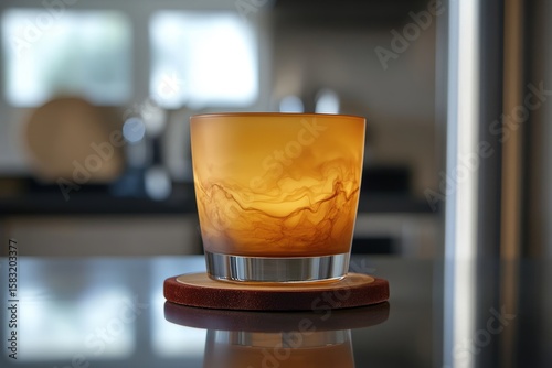An amber-toned candleholder sits on a dark surface.