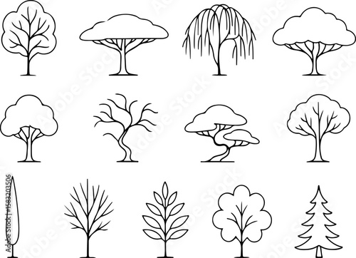 Collection of twelve diverse hand drawn black and white outline tree illustrations showcasing various shapes and styles including deciduous trees and a pine tree