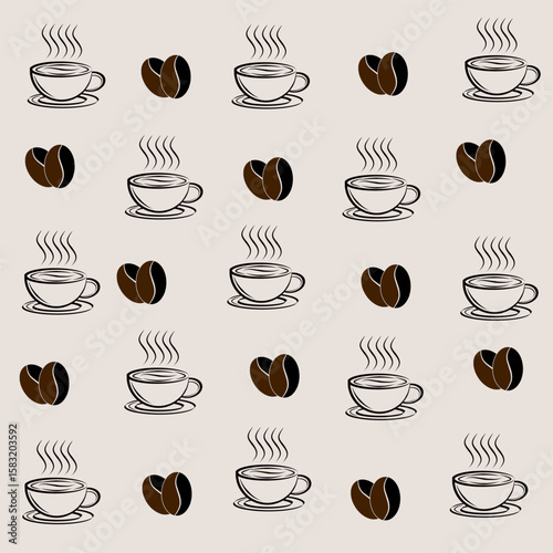 a seamless pattern features alternating steaming coffee cups and coffee beans on a light background