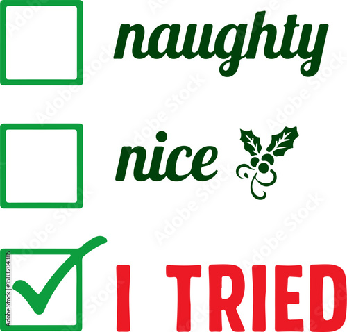 “Naughty Nice I Tried” Funny Christmas Sticker Design – Holiday Vinyl Decal & Iron-On Transfer


