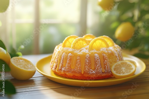 Lemon cake with icing and lemon slices on a yellow plate.