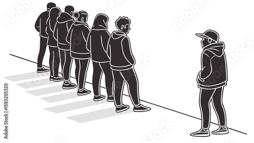Line of people waiting on a crosswalk with one person standing apart with a cap and hoodie on facing them