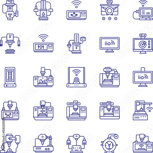 Industrial Automation Machine Icons, Robotics Manufacturing Line Art