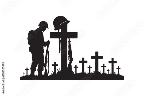 Military cemetery silhouette vector art illustration on white background
