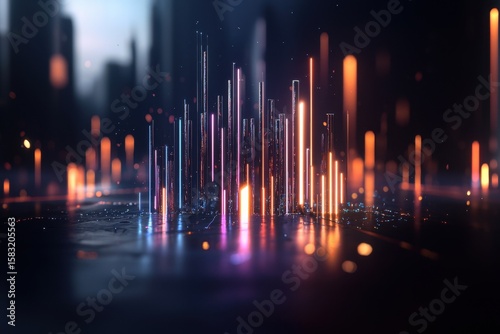 Dynamic abstract digital sound visualization forms cascading in urban environment gigapixel standard colorful light display high-definition viewpoint