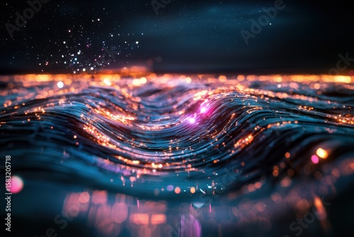 Abstract music-inspired soundwave trails over vibrant ocean waves digital art nighttime surreal environment high-resolution imagery