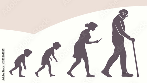 Progression of life stages depicted through silhouettes from childhood to old age with a walking stick