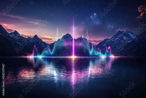 Dynamic sound frequencies visualization over serene mountain lake at sunset abstract art concept vibrant colors gigapixel quality
