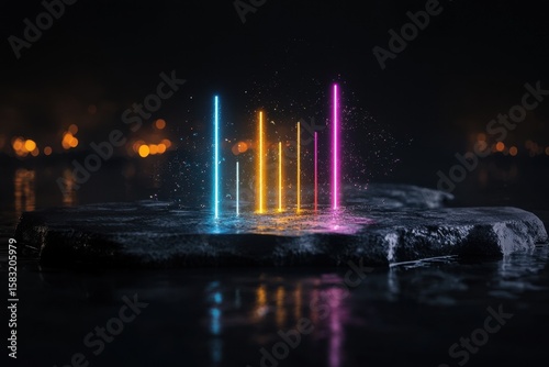 Dynamic audio spectrum bars illuminating a dark void abstract visualization digital art surreal environment close-up viewpoint conceptual design