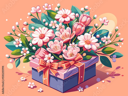 vector of Decorated bouquet in a pink box with tiny pink and white flowers for a gift to a friend in a friend's celebration.