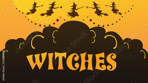 Silhouette of witches flying on broomsticks with stars and clouds on an orange background theme halloween