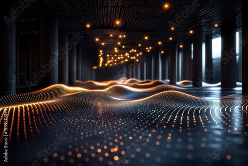 Mesmerizing digital soundwave grid patterns urban environment gigapixel visuals abstract art captivating perspective modern digital aesthetics