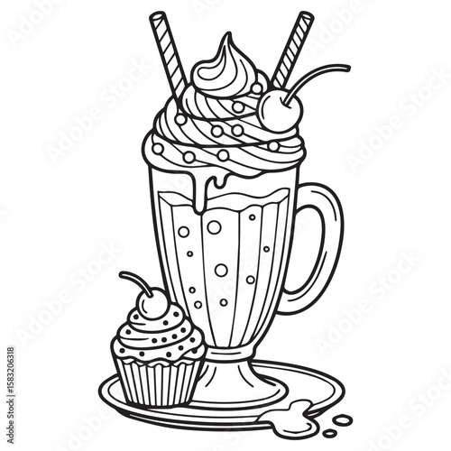 Whimsical black and white illustration of a decadent milkshake topped with whipped cream cherries and wafers next to a cupcake