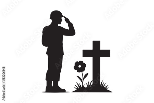 Saluting soldier grave silhouette vector art illustration on white background