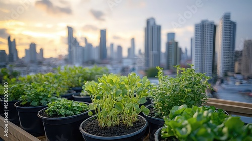 Fototapeta Naklejka Na Ścianę i Meble -  Urban rooftop plants with green pots city skyline and eco lifestyle ideal for urban gardening and sustainability visuals