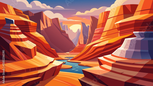 Vector art of a stylized canyon with a river and dramatic rock formations
