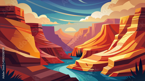 Vector art of a stylized canyon with a river and a sunset sky