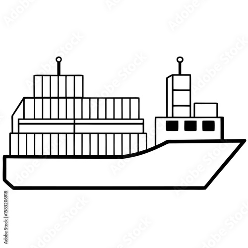 Detailed line art illustration of a cargo ship loaded with stacked containers isolated on white background