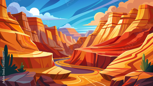 Vector art of a colorful canyon landscape with a river and dramatic rock formations
