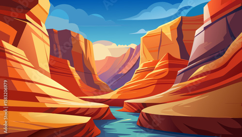 Vector art of a stylized canyon with a blue river flowing through orange rock walls