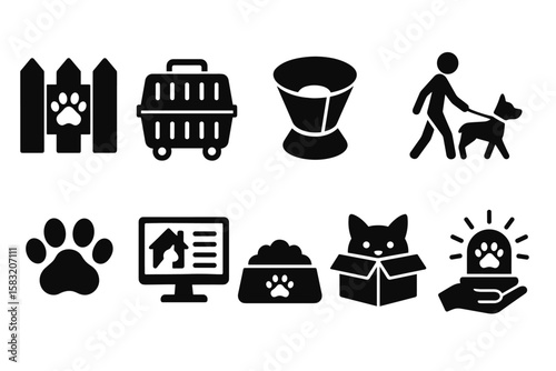 Pet care silhouette icon set. animal, veterinary, adoption, shelter, rescue icons
