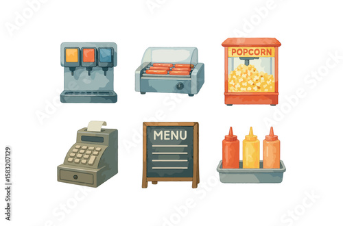 Watercolor snack bar icons: soda dispenser, hot dogs, popcorn, cash register, menu, condiments