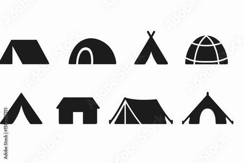 Camping and outdoor solid icon set. tents, hiking, nature, travel in solid design