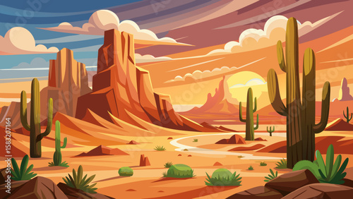 Vector art of desert landscape with cacti and rock formations at sunset