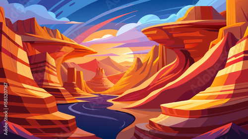 Vector art of canyon vista at sunset with a winding river