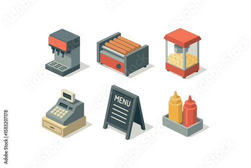 Isometric fast food icons: soda machine, hot dog grill, popcorn maker, cash register, menu, condiments