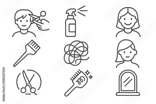 Hair salon linear icon set. hairdresser, styling tools, and haircut accessories