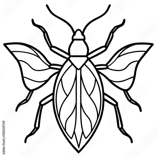 Minimalist line art of a leaf insect with leafy appendages isolated on white background