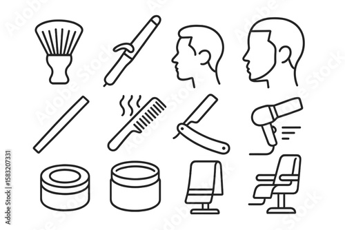 Barber, grooming essentials icon set. outline style for salon, haircut tools.
