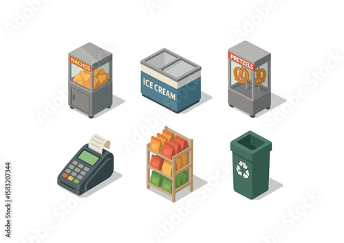 Isometric nachos, ice cream, pretzels, cash register, snack display, recycling bin