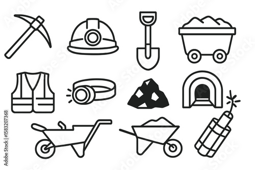 Mining tools outline icon set. equipment, safety, industry, dig, tunnel collection